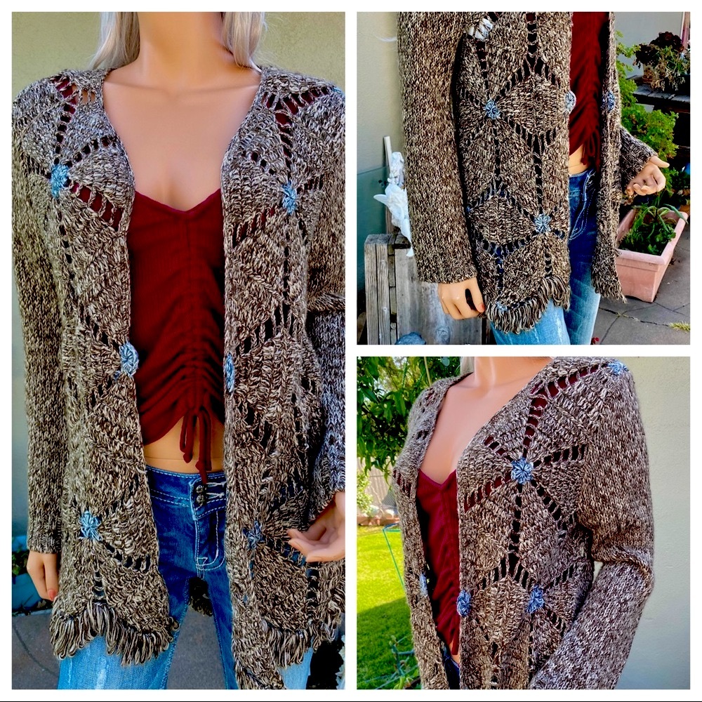 XS-M BoHo Chic Crochet Scallop Fringe Cardigan Duster Sweater - Picture 13 of 16